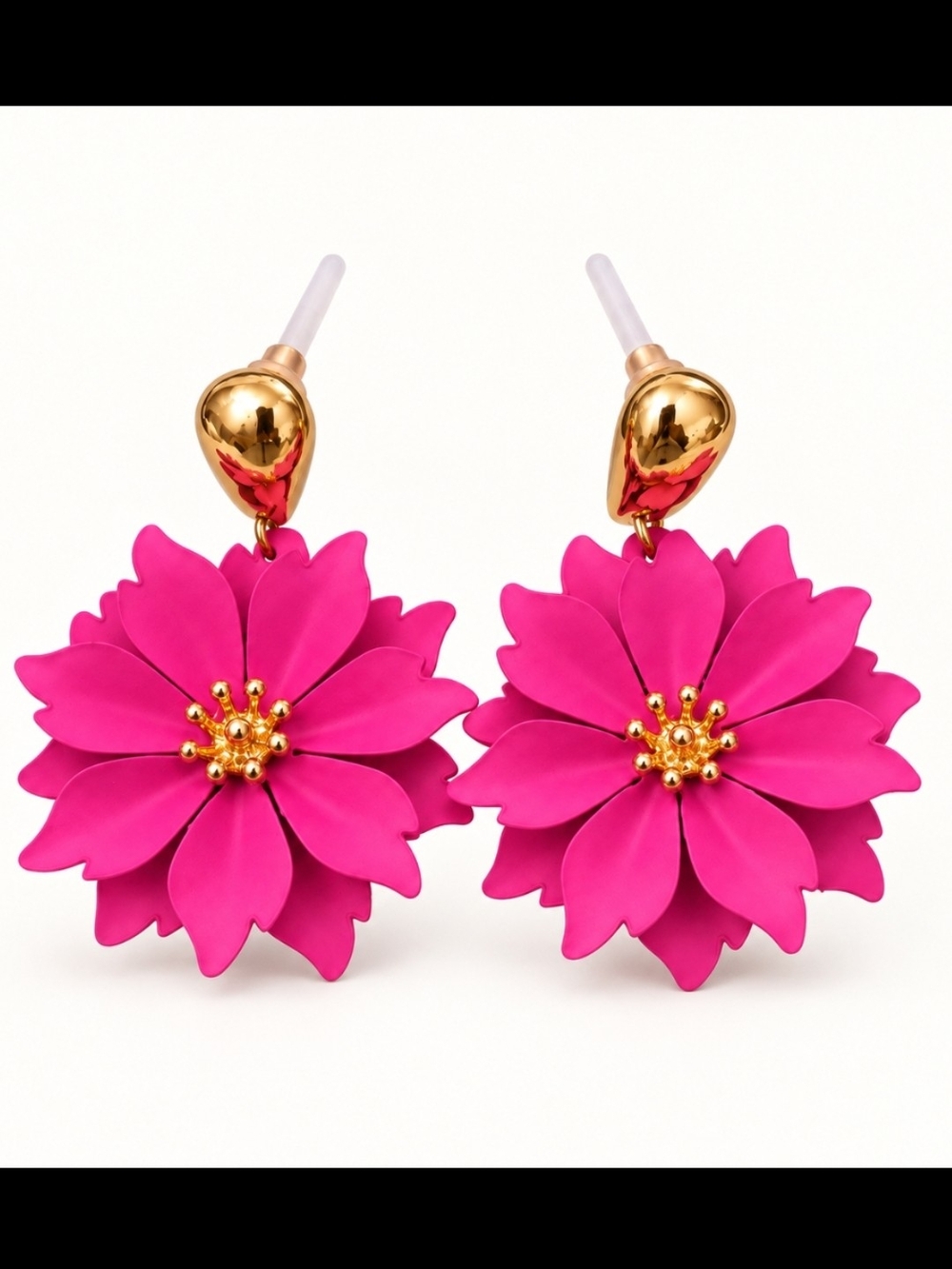 Gold-Accent Hot Pink Floral Drop Earrings